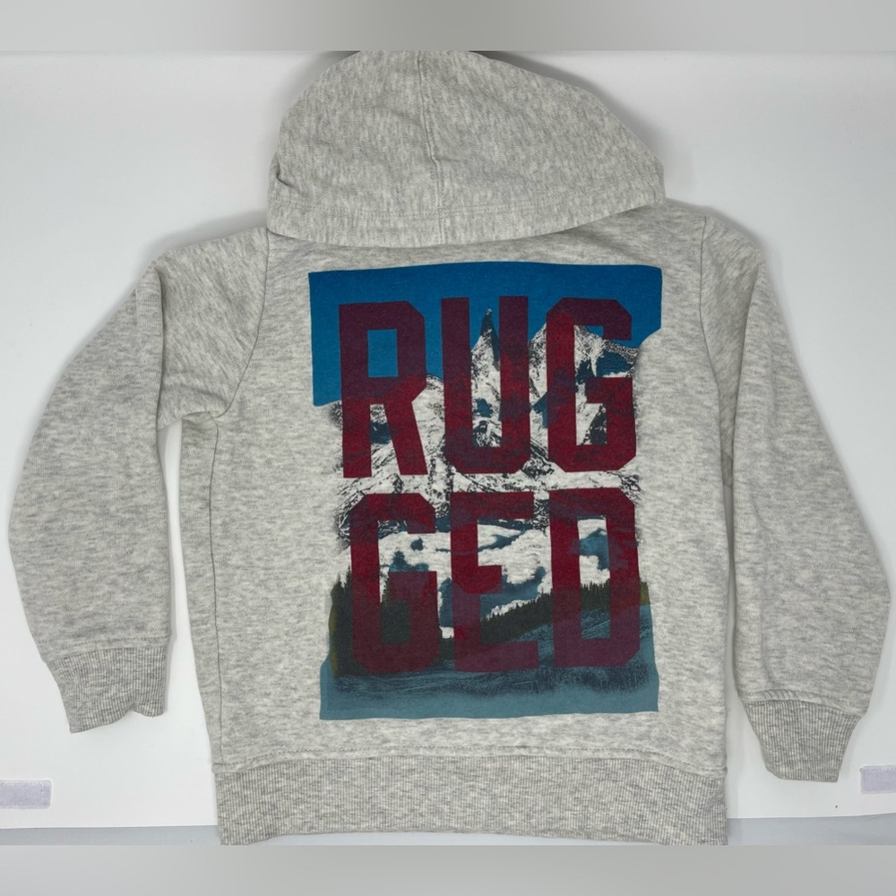 GYMBOREE: Gray Sweatshirt with Mountains/word Rugged. Size Small (5-6)